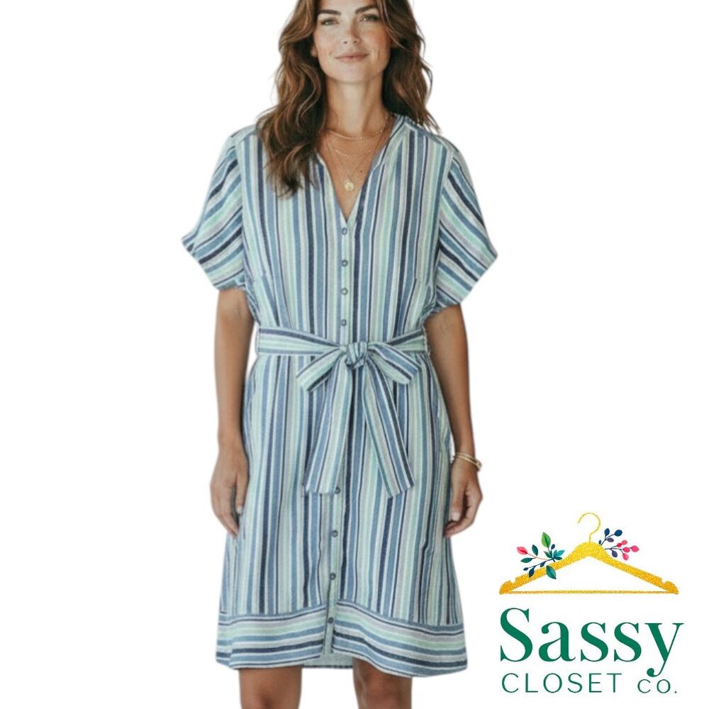 ✨ ISAAC MIZRAHI LIVE Striped Linen Blend Button Front Dress 14 EUC 🌿